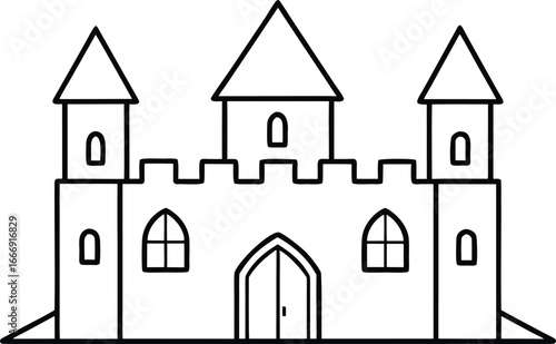 Simple outline drawing of a castle with towers and battlements