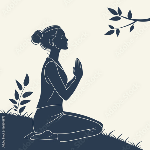 A silhouette illustration captures a woman in serene meditation, finding peace in nature. She sits in a focused pose, embodying tranquility. 