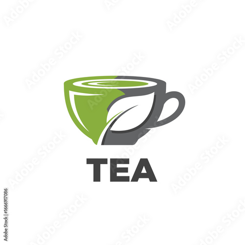 Teacup and leaf. Green tea logo vector design illustration.