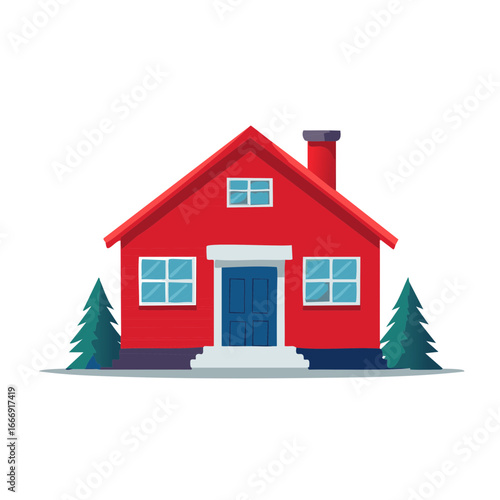 Cartoon House Illustration with Red Walls, Blue Door, and Evergreen Trees