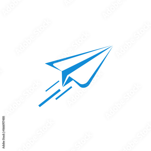 Blue paper airplane soaring through the air, symbolizing rapid delivery and progress.