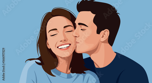 Young couple showing affection with man kissing woman on cheek in loving moment vector illustration 