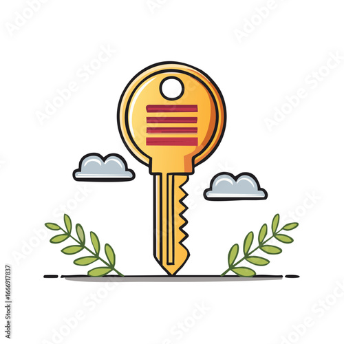Whimsical golden key with clouds and leaves illustrates security and opening possibilities
