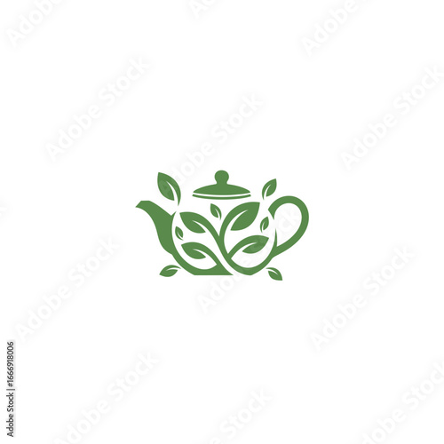 Green Teapot logo with leaves. Nature inspired design for tea brand.