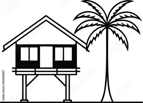 Simple drawing of a beach house with a palm tree