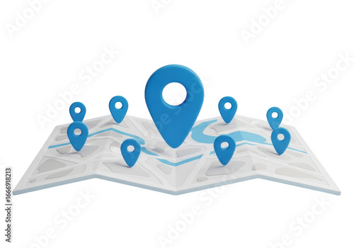 Map with blue location pins isolated on transparent background