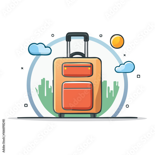 Cartoon Travel Suitcase with City Skyline Clouds and Sun Ready for Vacation