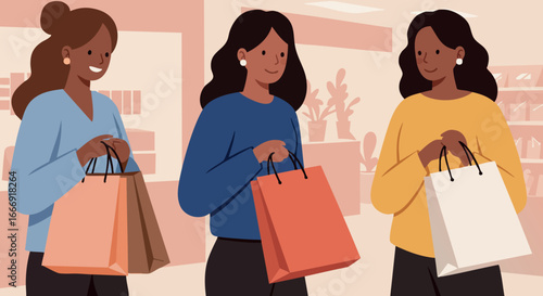 Three women shopping holding colorful shopping bags in casual clothing vector illustration 