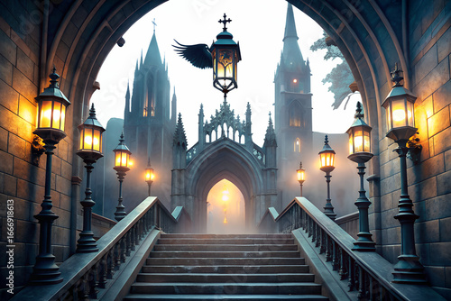 Wallpaper Mural Enchanting gothic castle entrance with ornate lanterns and spooky atmosphere isolated on white background Torontodigital.ca