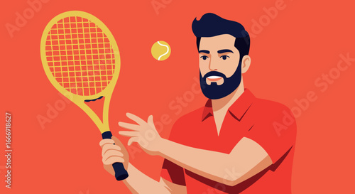 Male tennis player hitting a tennis ball with yellow racket on red background vector illustration 