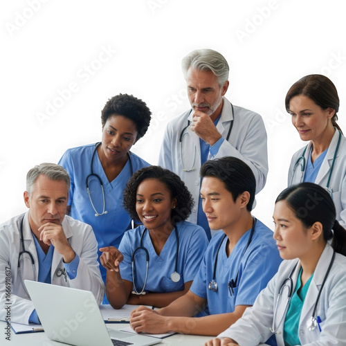 Diverse medical team collaborates on patient care discussing results on laptop transparent background