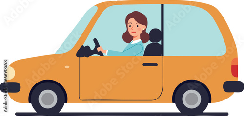 Woman driving small orange car vector illustration with happy expression 