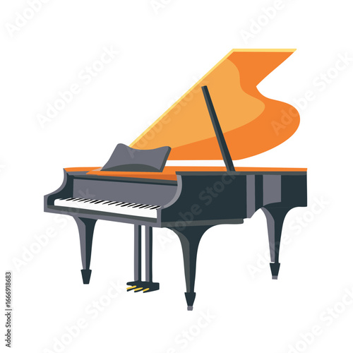 Illustration of a Grand Piano with Keys, an Open Soundboard and Pedals for Musical Expression