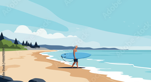 Surfer Walking on Sandy Beach with Blue Surfboard by Calm Ocean Waves Vector Illustration 