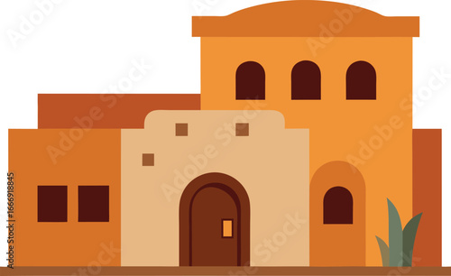 Adobe style building with arched windows and doors