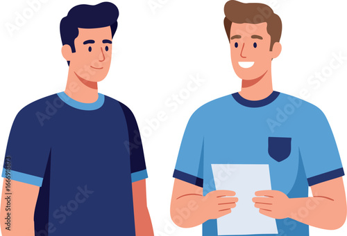 Two young men discussing with paper in hand casual clothing vector illustration 