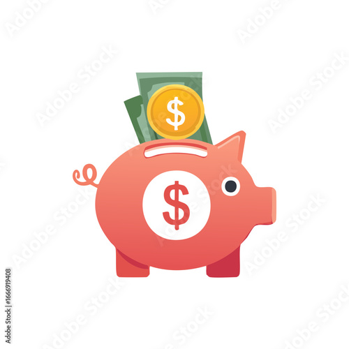 Red Piggy Bank with Paper Currency and Coin Showing Dollar Sign