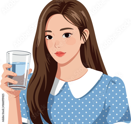 Young woman drinking water in blue polka dot dress holding glass vector illustration 