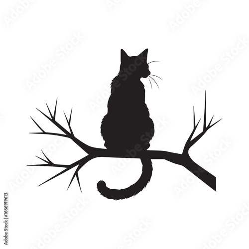 Vector art of black cat silhouette sitting on a tree branch, isolated on a, representing nature, pets, and artistic design