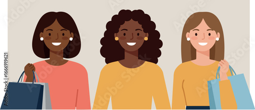 Group of three diverse women shopping with colorful bags smiling vector illustration 