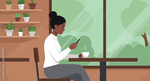 Woman sitting in cafe using smartphone with coffee and potted plants interior design 