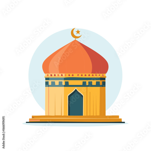 Illustration of a mosque building with dome and crescent moon symbol