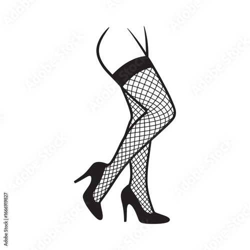 Woman's legs in fishnet stockings and high heels. Seductive black and white pin-up or burlesque fashion vector illustration