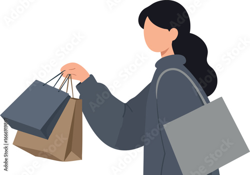 Woman carrying multiple shopping bags in casual outfit vector illustration 