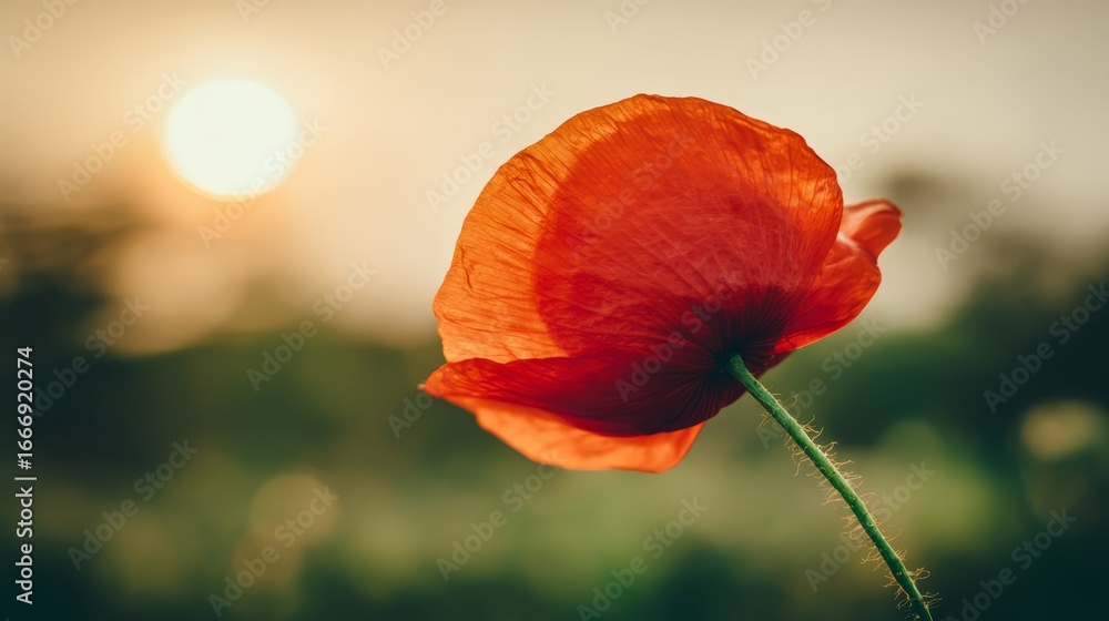 Obraz premium A vibrant red poppy flower in bloom against a soft sunset background.