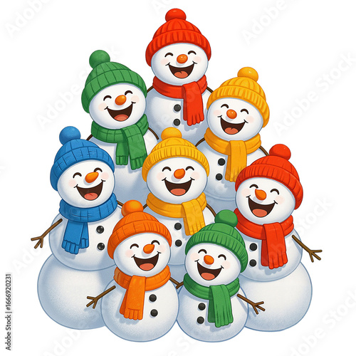 Cheerful snowmen wearing hats and scarves in winter celebration  