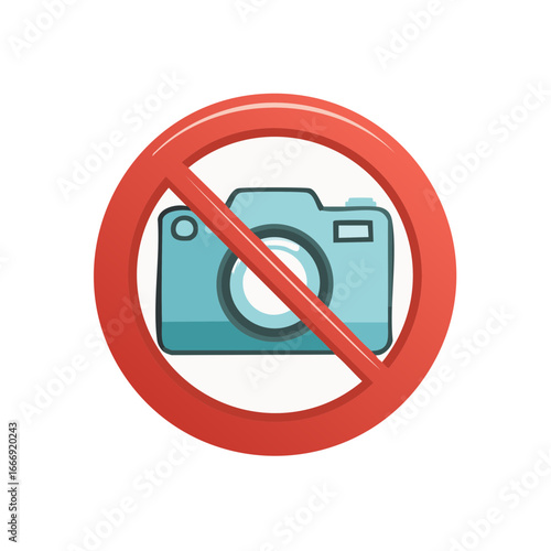 Restricted Photography Area Sign with Blue Camera Illustration, Permission Denied Symbol, Prohibition on Pictures