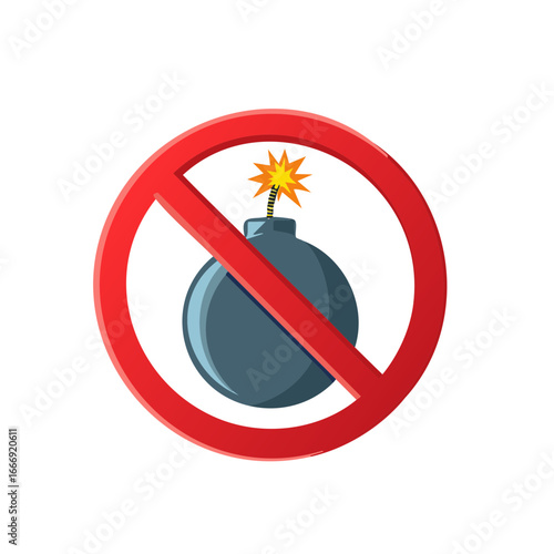 Prohibition Sign with bomb icon. Stop bomb danger or terrorism, symbol vector illustration