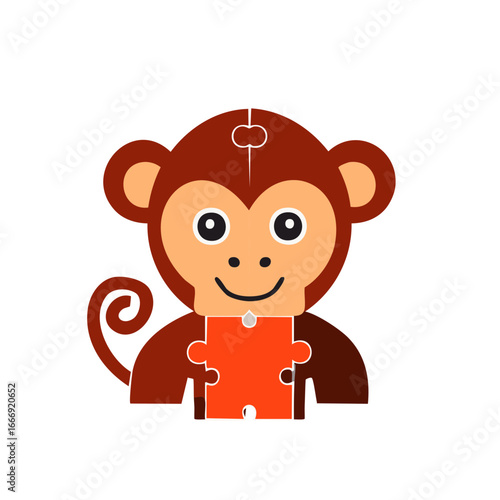 Cute Monkey Puzzle Cartoon Character Holding an Orange Puzzle Piece Illustration