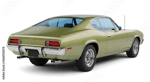 Rear view of a vintage olive green coupe sports car, isolated on white background