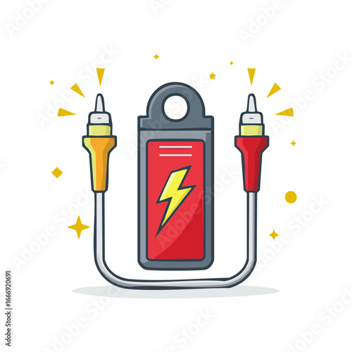 Cartoon Illustration of a battery charging with yellow and red cables