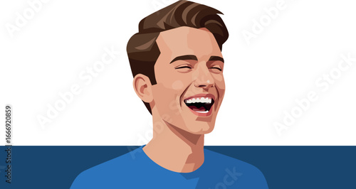 Young man laughing joyfully in blue shirt vector illustration portrait style 