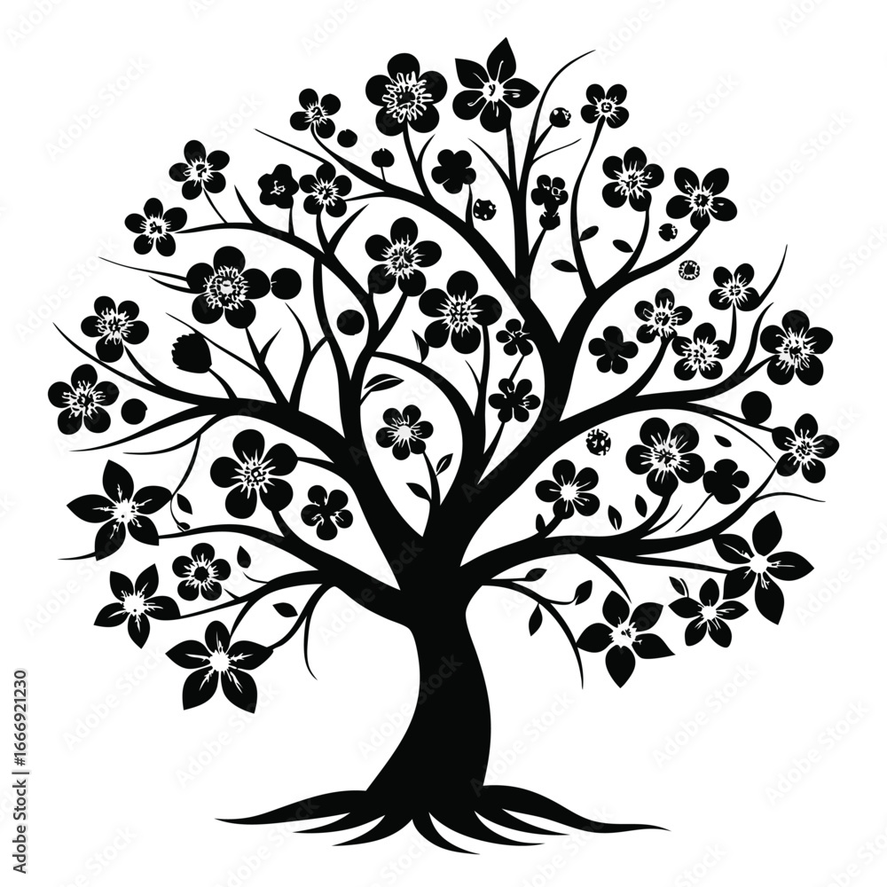 Obraz premium Black and White Floral Tree Silhouette With Detailed Flowers, Branches, and Root System Artwork