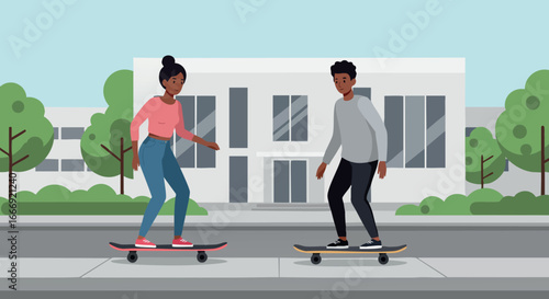 Young people skateboarding outdoors in urban environment with trees and building background vector illustration 