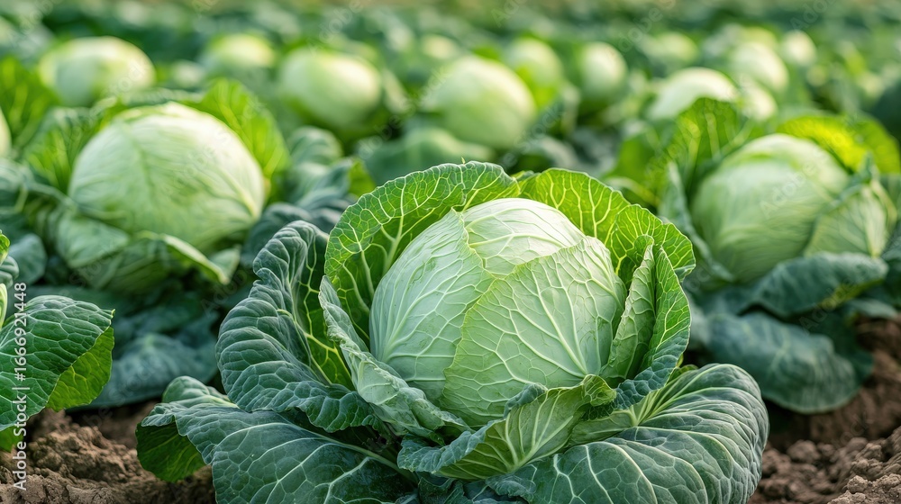 Fototapeta premium Close-up view of cabbages growing in a field.
