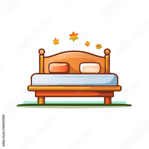 Comfortable Bed with Starry Dreams Cartoon Style Illustration for Restful Sleep and Relaxation