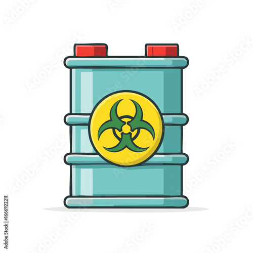 Cartoon style illustration of a hazardous waste barrel with biohazard symbol and red caps