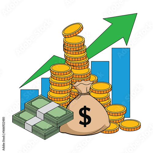 Successful financial growth and investment returns concept with money, coins, and a rising bar chart vector illustration