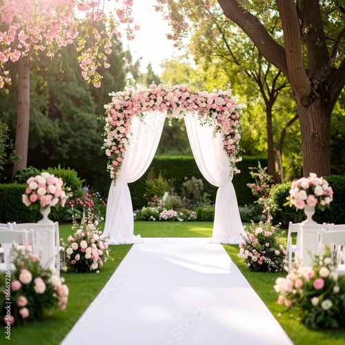 Generated image Romantic Wedding Floral Arrangement with Pastel Pink and White Flowers and White Arch