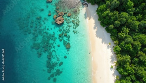 Wallpaper Mural Aerial drone view of tropical beach, turquoise ocean, white sand coastline meeting rich green foliage. Clear shallow water reveals coral reefs. Serene paradise island vacation setting. Torontodigital.ca