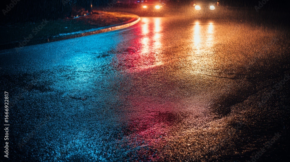 Fototapeta premium Wet Road Reflecting Car Lights at Night