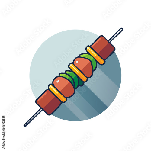 Colorful grilled kebab illustration on a circular background with a long shadow