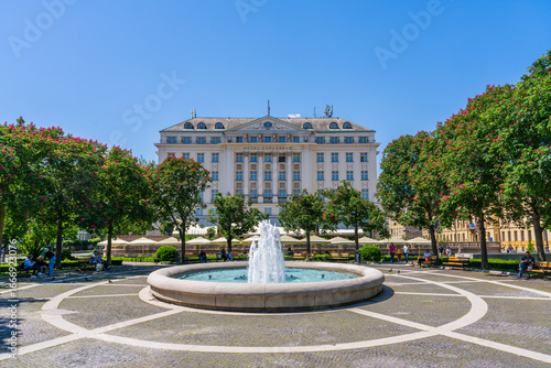 Zagreb, Croatia, 2 may 2025 - Fountain in front of the Esplanade Zagreb Hotel