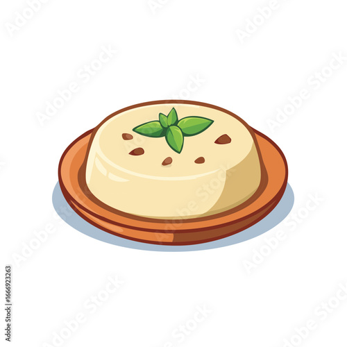 Cartoon dessert with basil on terracotta plate smooth custard treat illustration