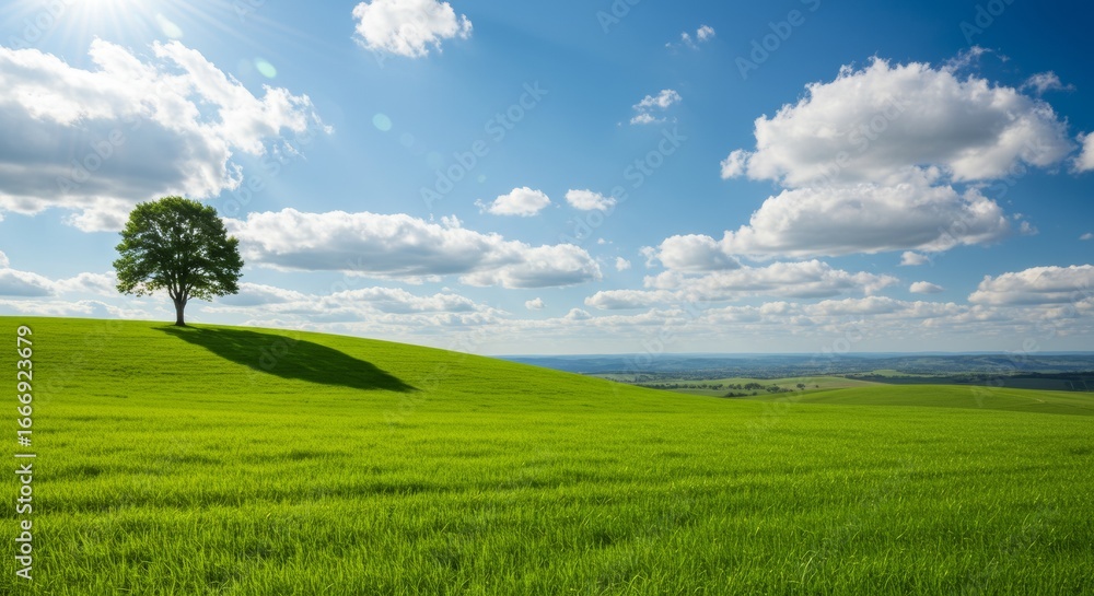 Obraz premium Beautiful Green Hill Landscape with Lone Tree Under Blue Sky and Clouds Peaceful Nature Scenery for Inspiration