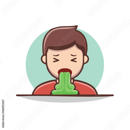 Cartoon person vomiting green liquid due to sickness or food poisoning